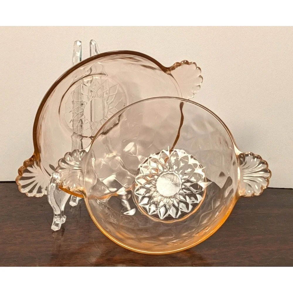 Anchor Hocking Pink Depression Glass Diamond Optic Handled Dessert Bowls Pair